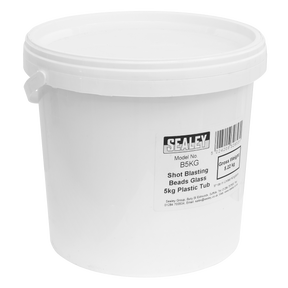 A Sealey plastic tub containing 5kg of shot blasting glass beads, sized 180-300 microns, labeled as "Shot Blasting Beads Glass 5kg Plastic Tub - B5KG.