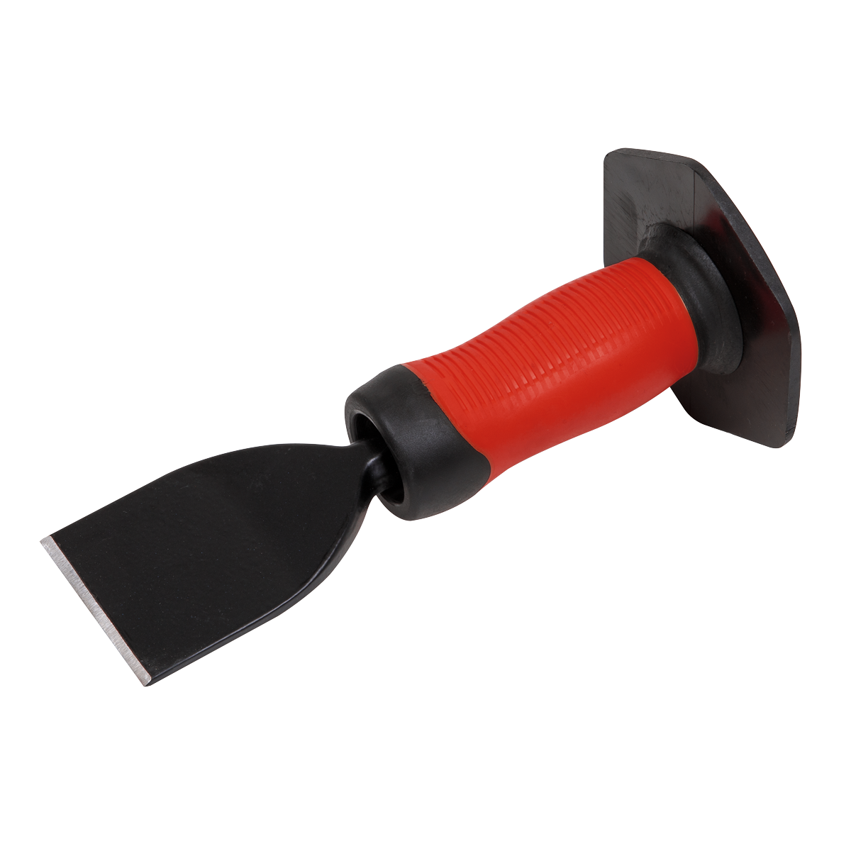 The product is a Sealey Electrician's Bolster with Grip 57 x 225mm (BB01G) featuring a wide, flat drop-forged steel blade and a ridged comfort grip handle in black and red. The bolster is positioned against a white background.