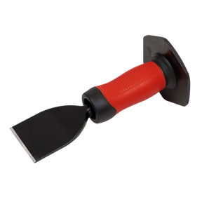 The product is a Sealey Electrician's Bolster with Grip 57 x 225mm (BB01G) featuring a wide, flat drop-forged steel blade and a ridged comfort grip handle in black and red. The bolster is positioned against a white background.