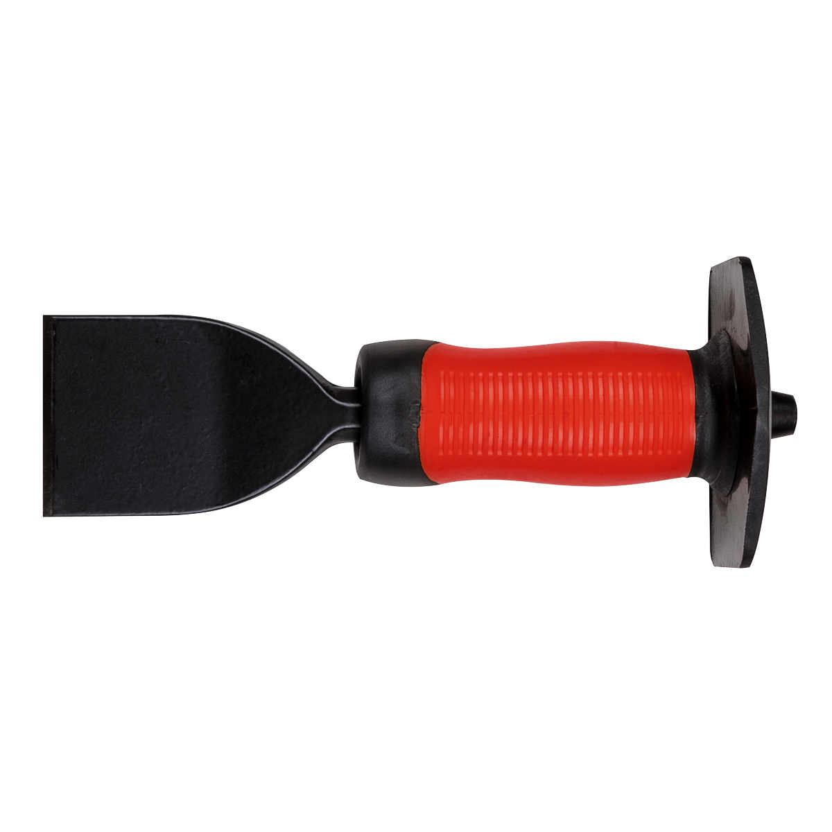 Seen from the side, the Sealey Electrician's Bolster with Grip 57 x 225mm - BB01G features a wide, flat blade made of drop-forged steel and a ribbed comfort grip handle in black and red.