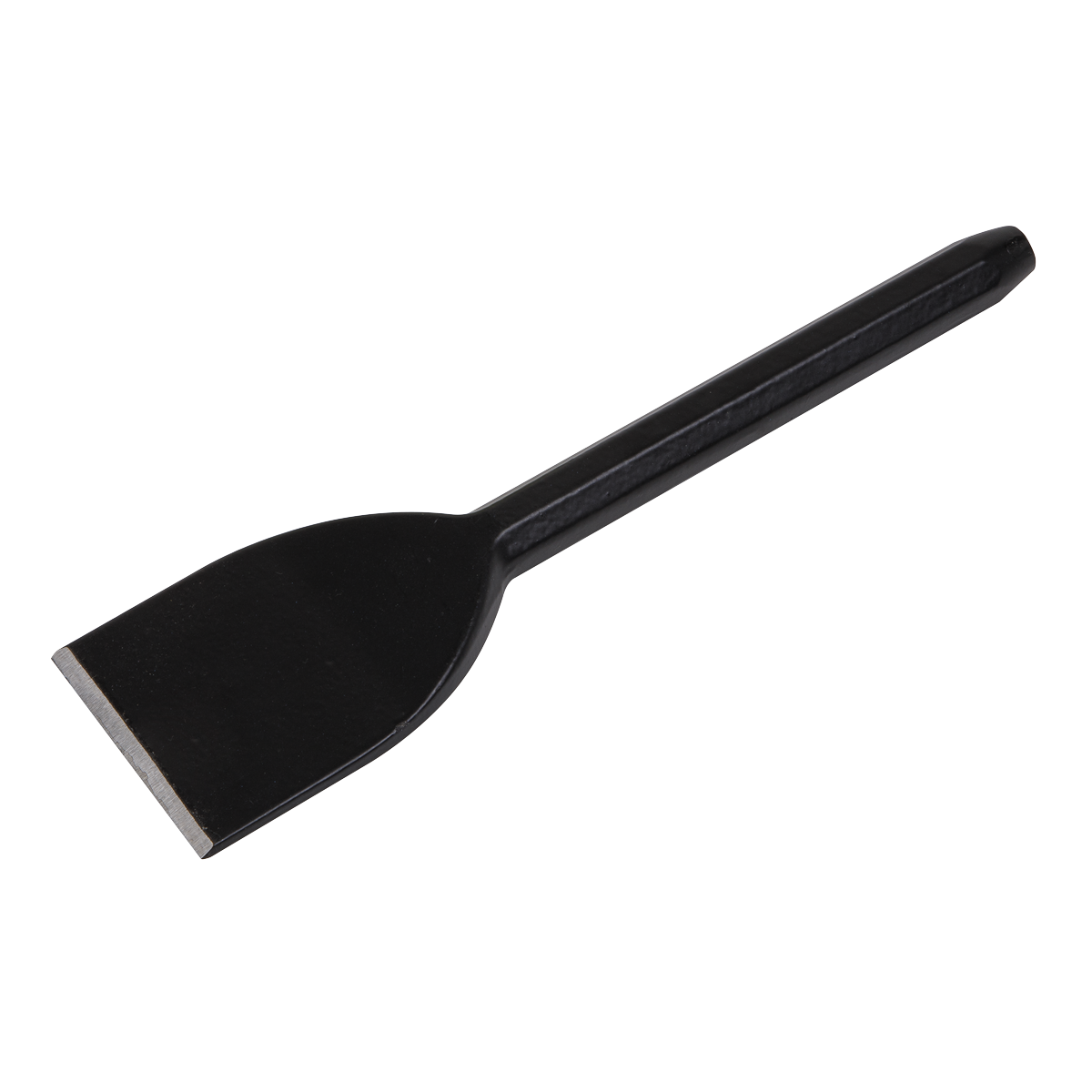 The Sealey Electrician's Bolster 57 x 225mm - BB01 is a black metal chisel crafted from drop-forged steel, featuring a flat, wide tip and a tapered handle. This robust tool also boasts excellent corrosion resistance for enhanced durability.