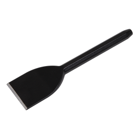 The Sealey Electrician's Bolster 57 x 225mm - BB01 is a black metal chisel crafted from drop-forged steel, featuring a flat, wide tip and a tapered handle. This robust tool also boasts excellent corrosion resistance for enhanced durability.