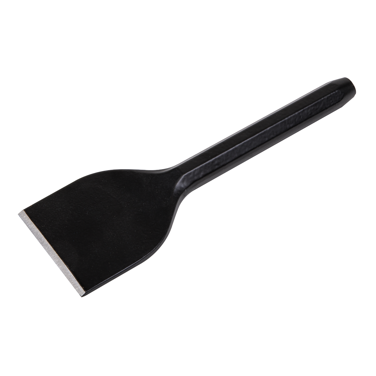 The Sealey Brick Bolster 75 x 225mm - BB02 is a black metal chisel with a flat, wide blade and a solid handle, perfect for brick bolster tasks. It's crafted from drop-forged steel for ultimate corrosion resistance.