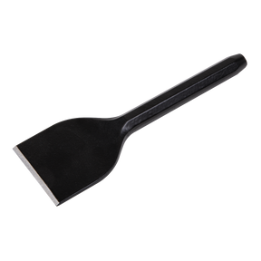 The Sealey Brick Bolster 75 x 225mm - BB02 is a black metal chisel with a flat, wide blade and a solid handle, perfect for brick bolster tasks. It's crafted from drop-forged steel for ultimate corrosion resistance.