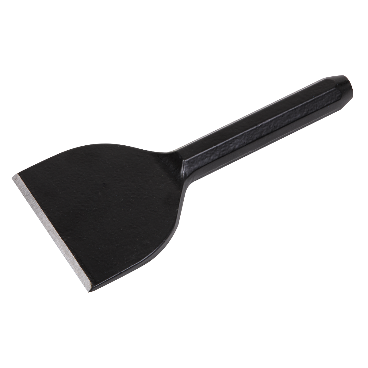 The Sealey Brick Bolster BB03 is a black metal handheld scraper, crafted from drop-forged steel, featuring a rounded handle and a flat, sharp edge.