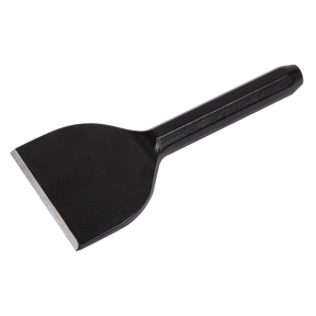 The Sealey Brick Bolster BB03 is a black metal handheld scraper, crafted from drop-forged steel, featuring a rounded handle and a flat, sharp edge.