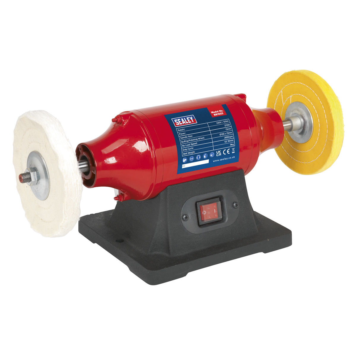 The Sealey Bench Mounting Buffer/Polisher Ø150mm 370W/230V - BB1502, featuring a red and black design with buffing/polishing wheels on both ends, is displayed on a white background. This device includes an efficient motor and is powered by an on/off switch located at the base.