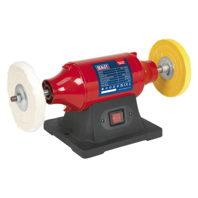 The Sealey Bench Mounting Buffer/Polisher Ø150mm 370W/230V - BB1502, featuring a red and black design with buffing/polishing wheels on both ends, is displayed on a white background. This device includes an efficient motor and is powered by an on/off switch located at the base.
