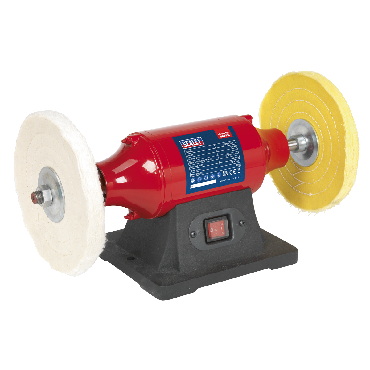 The Sealey Bench Mounting Buffer/Polisher Ø200mm 550W/230V - BB2002 is a red and black bench grinder equipped with dual buffing wheels. It features a central power switch, motor, and a prominent branding label on the body. Perfect for polishing tasks.