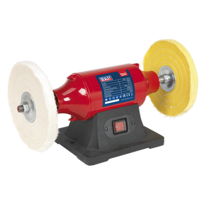 The Sealey Bench Mounting Buffer/Polisher Ø200mm 550W/230V - BB2002 is a red and black bench grinder equipped with dual buffing wheels. It features a central power switch, motor, and a prominent branding label on the body. Perfect for polishing tasks.
