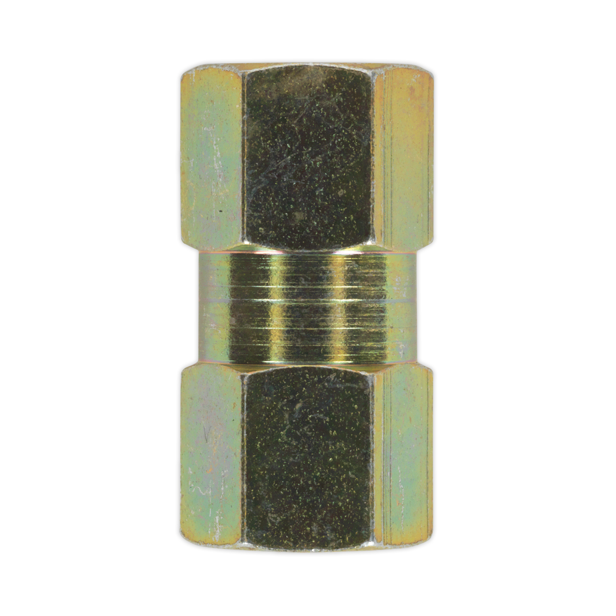 Close-up image of a Sealey Brake Tube Connector M10 x 1mm Female to Female (Pack of 10), model BC10100F, featuring hexagonal nuts on each end, ideal for brake pipe fittings.