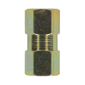 Close-up image of a Sealey Brake Tube Connector M10 x 1mm Female to Female (Pack of 10), model BC10100F, featuring hexagonal nuts on each end, ideal for brake pipe fittings.