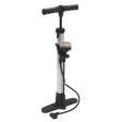 The Sealey Workshop Pump - BC110, a silver and black floor pump featuring a high-pressure gauge and a hose attached to the base, stands upright and is compatible with both Presta and Schrader valves.