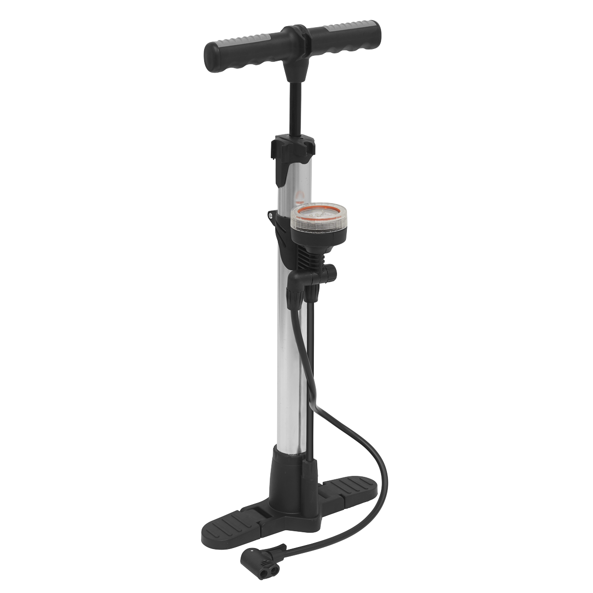 The Sealey Workshop Pump - BC110, a silver and black floor pump featuring a high-pressure gauge and a hose attached to the base, stands upright and is compatible with both Presta and Schrader valves.