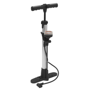 The Sealey Workshop Pump - BC110, a silver and black floor pump featuring a high-pressure gauge and a hose attached to the base, stands upright and is compatible with both Presta and Schrader valves.