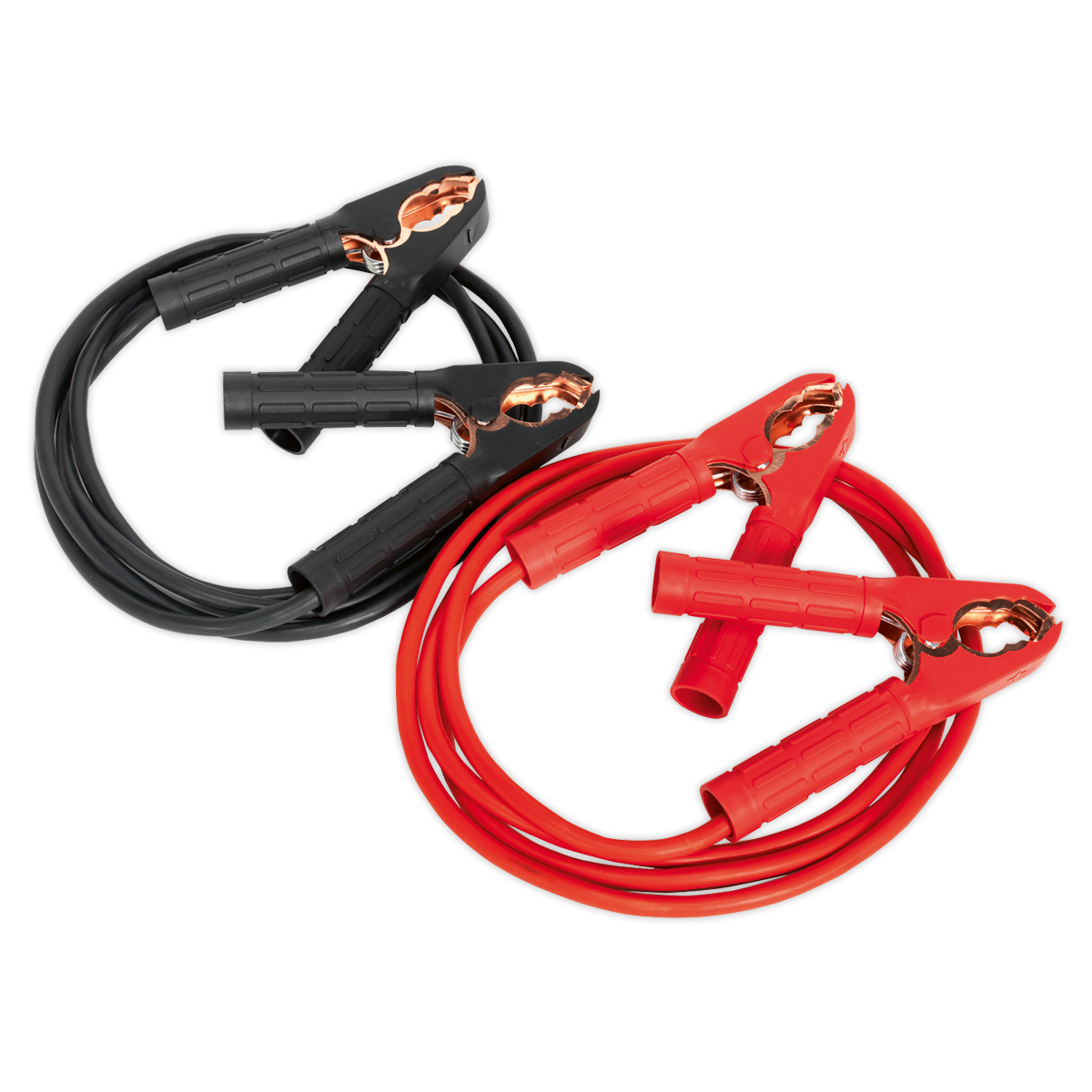 Two sets of Booster Cables 16mm² x 3m 220A - BC1630 by Sealey, one red and one black, featuring copper insulated clamps on each end, coiled next to each other for efficient power transfer.