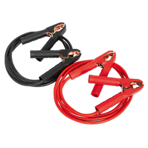 Two sets of Booster Cables 16mm² x 3m 220A - BC1630 by Sealey, one red and one black, featuring copper insulated clamps on each end, coiled next to each other for efficient power transfer.