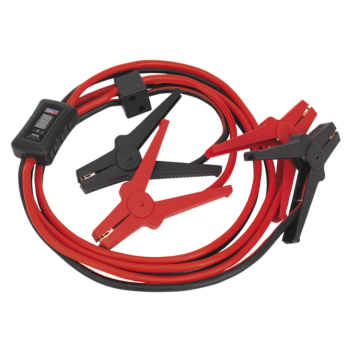 The Sealey Booster Cables 16mm² x 3m 400A with Electronics Protection - BC16403SR is a set of red and black jumper cables equipped with PVC sheathed cables, clamps, and a built-in voltage tester in the black-colored handle.