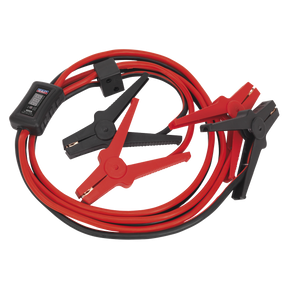 The Sealey Booster Cables 16mm² x 3m 400A with Electronics Protection - BC16403SR is a set of red and black jumper cables equipped with PVC sheathed cables, clamps, and a built-in voltage tester in the black-colored handle.
