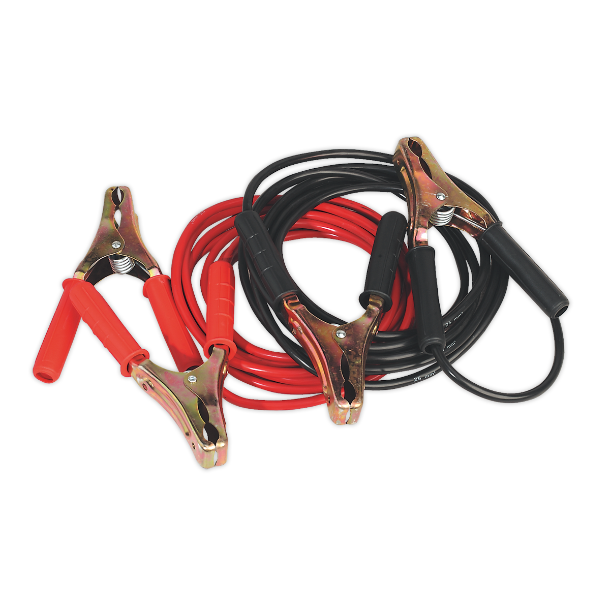 The Sealey Booster Cables Heavy-Duty - 25mm² x 5m Copper 600A - BC25/5/HD, featuring coiled heavy-duty stranded copper and grease and oil-resistant metal clamps at each end, are ideal for jump-starting vehicles.