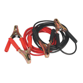 The Sealey Booster Cables Heavy-Duty - 25mm² x 5m Copper 600A - BC25/5/HD, featuring coiled heavy-duty stranded copper and grease and oil-resistant metal clamps at each end, are ideal for jump-starting vehicles.