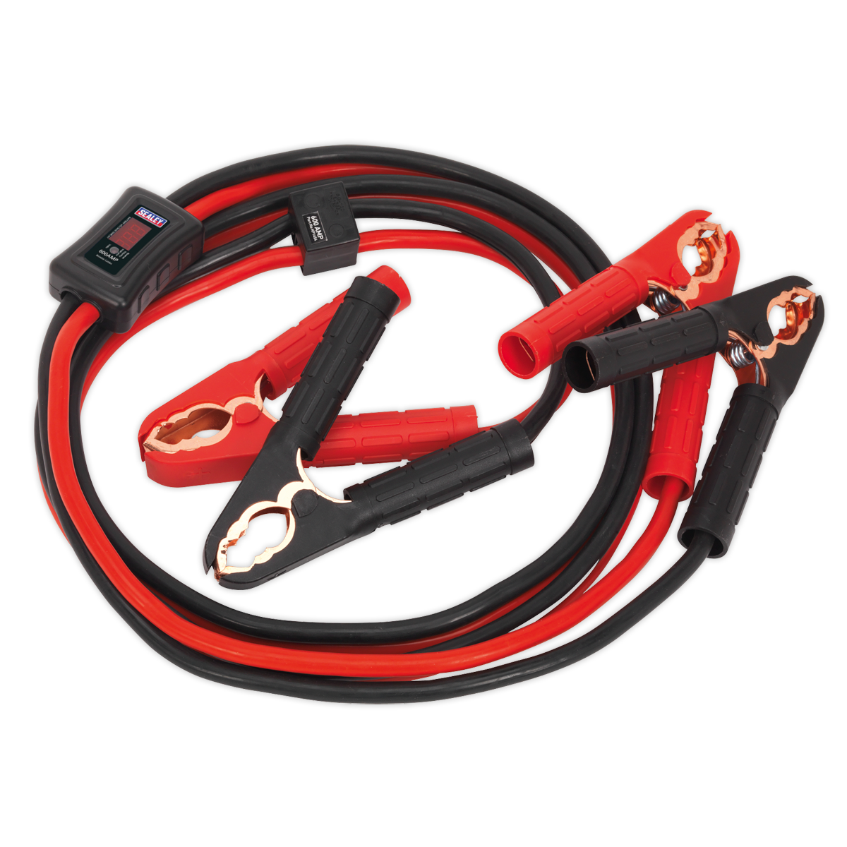 Sealey's BC25635SR Booster Cables feature 25mm² x 3.5m 600A PVC sheathed black and red jumper cables with clamps for jump-starting vehicles, and include electronics protection against surges.