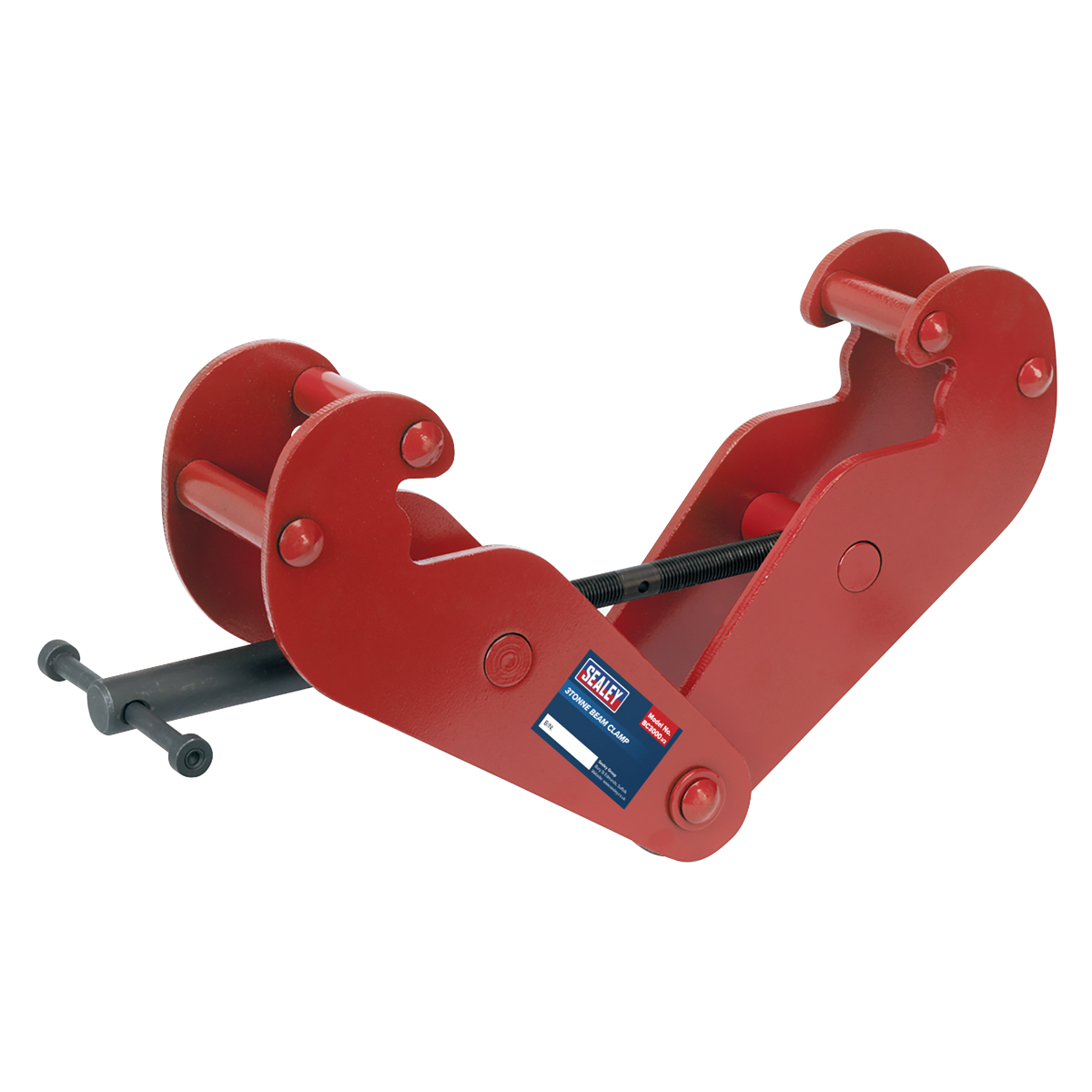 The Beam Clamp 3 Tonne - BC3000 by Sealey is a red steel beam clamp featuring an adjustable handle on the side and a designated lifting point, designed for overhead lifting and securing during construction or industrial use.