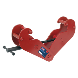 The Beam Clamp 3 Tonne - BC3000 by Sealey is a red steel beam clamp featuring an adjustable handle on the side and a designated lifting point, designed for overhead lifting and securing during construction or industrial use.