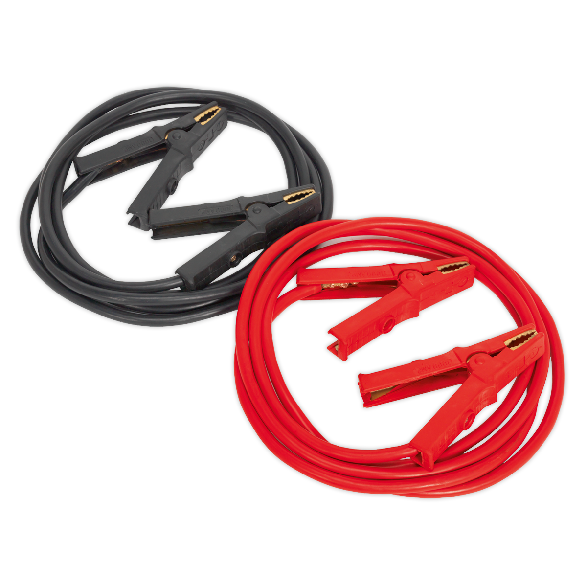 Two Sealey Heavy-Duty Booster Cables - 40mm² x 5m 600A - BC4050HD; one with black clamps and cable, the other with red clamps and cable, placed side by side on a white background.