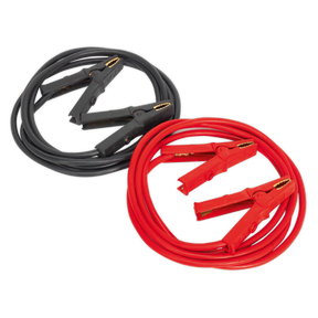 Two Sealey Heavy-Duty Booster Cables - 40mm² x 5m 600A - BC4050HD; one with black clamps and cable, the other with red clamps and cable, placed side by side on a white background.