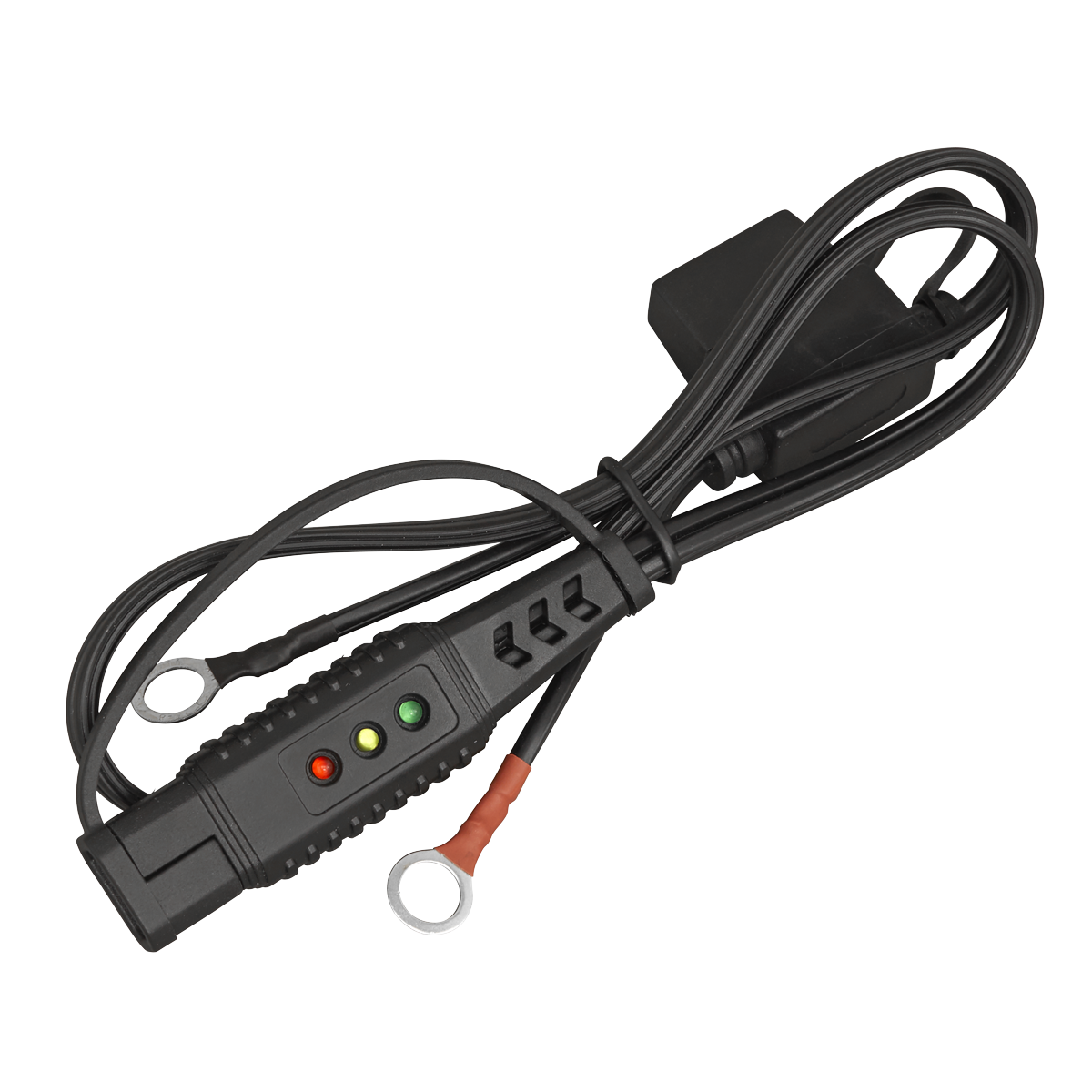 A Sealey 12V Ring Terminal Battery Indicator Cable (BCC2) in black, featuring 12V Ring terminal connectors, an SAE connector, and battery status indicators.