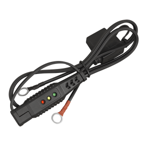 A Sealey 12V Ring Terminal Battery Indicator Cable (BCC2) in black, featuring 12V Ring terminal connectors, an SAE connector, and battery status indicators.