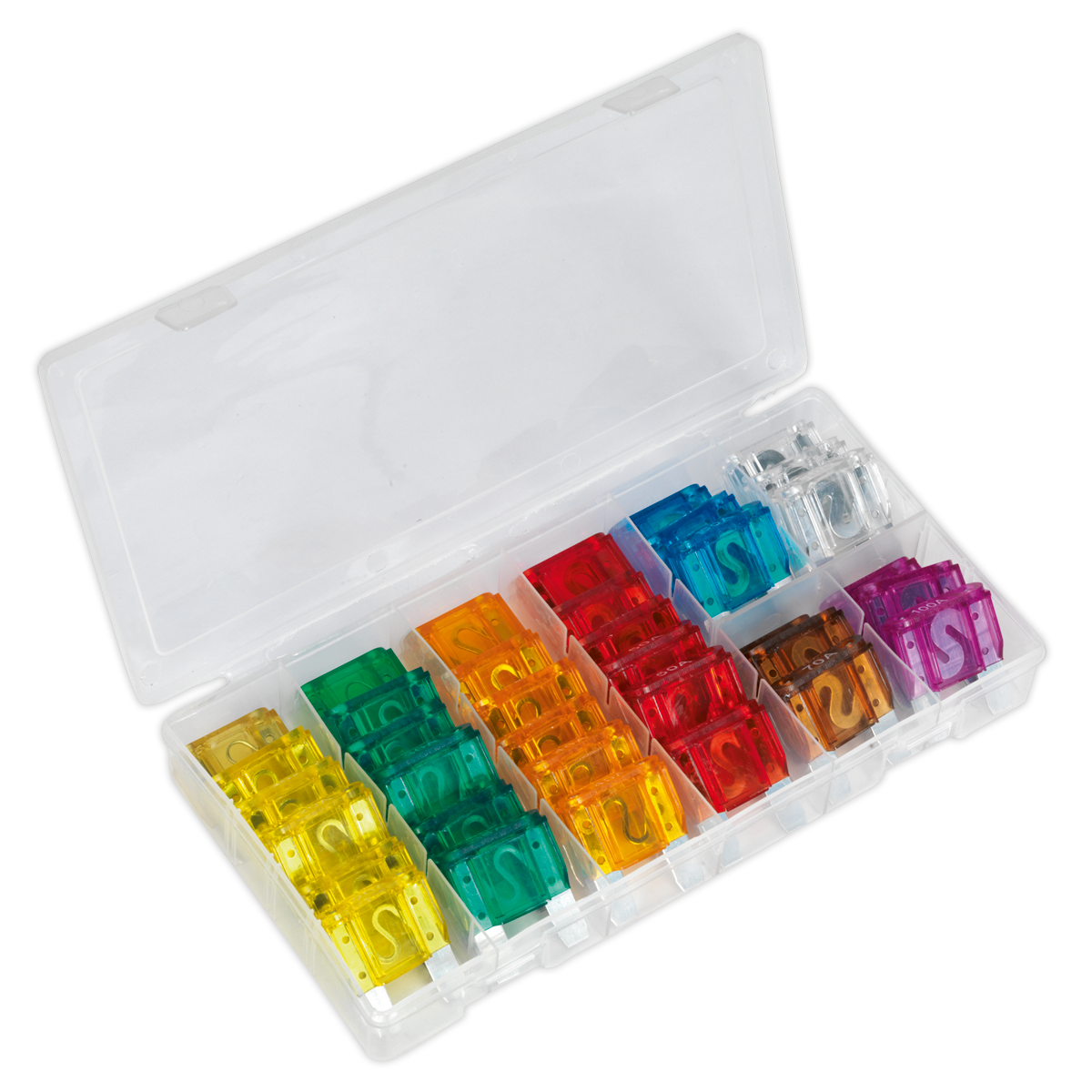 The Sealey Automotive MAXI Blade Fuse Assortment 36pc (BCF36) is a plastic case containing an array of brightly colored, transparent blade-type fuses organized in rows. The fuses come in various colors, including yellow, orange, green, red, blue, pink, and clear.