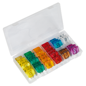 The Sealey Automotive MAXI Blade Fuse Assortment 36pc (BCF36) is a plastic case containing an array of brightly colored, transparent blade-type fuses organized in rows. The fuses come in various colors, including yellow, orange, green, red, blue, pink, and clear.