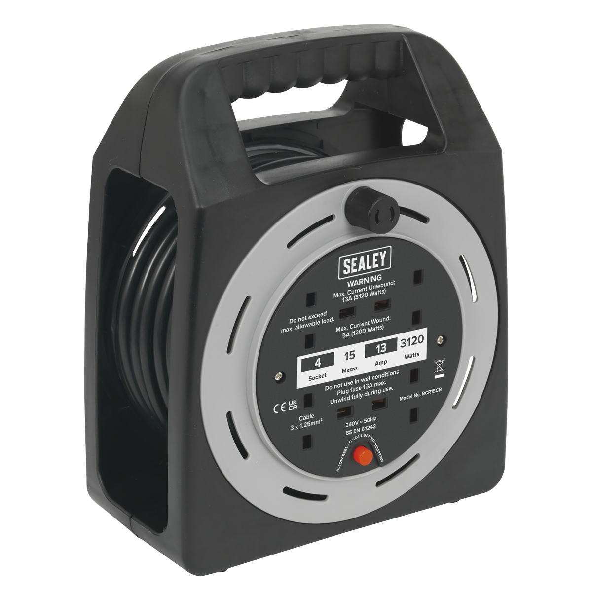 The Sealey Cable Reel Box Type BCR15CB features a retractable 15m cable in a black and grey cassette-style reel design. It includes four 230V sockets and a convenient black handle on top. The front displays the rating details and information about its thermal trip protection.