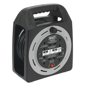 The Sealey Cable Reel Box Type BCR15CB features a retractable 15m cable in a black and grey cassette-style reel design. It includes four 230V sockets and a convenient black handle on top. The front displays the rating details and information about its thermal trip protection.