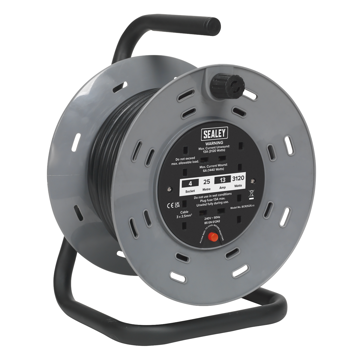 The Sealey Cable Reel 25m 4 x 230V 2.5mm² Thermal Trip - BCR2525 features a grey cable reel with a black spool, a handle, and a warning label on the front. The brand name "Sealey" is prominently displayed at the top. This model includes 230V sockets and boasts a durable composite drum for long-lasting use.