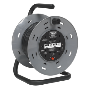 The Sealey Cable Reel 25m 4 x 230V 2.5mm² Thermal Trip - BCR2525 features a grey cable reel with a black spool, a handle, and a warning label on the front. The brand name "Sealey" is prominently displayed at the top. This model includes 230V sockets and boasts a durable composite drum for long-lasting use.