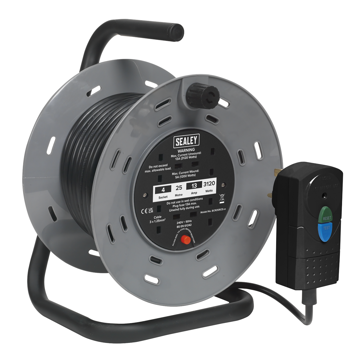 A heavy-duty Sealey Cable Reel 25m (model BCR25RCD) with a black 1.25mm² extension cord wound around it, featuring four 230V plug-in sockets, a handle for carrying, and compliant with BS 7071:1992 standards via its integrated Residual Current Detector (RCD) plug.