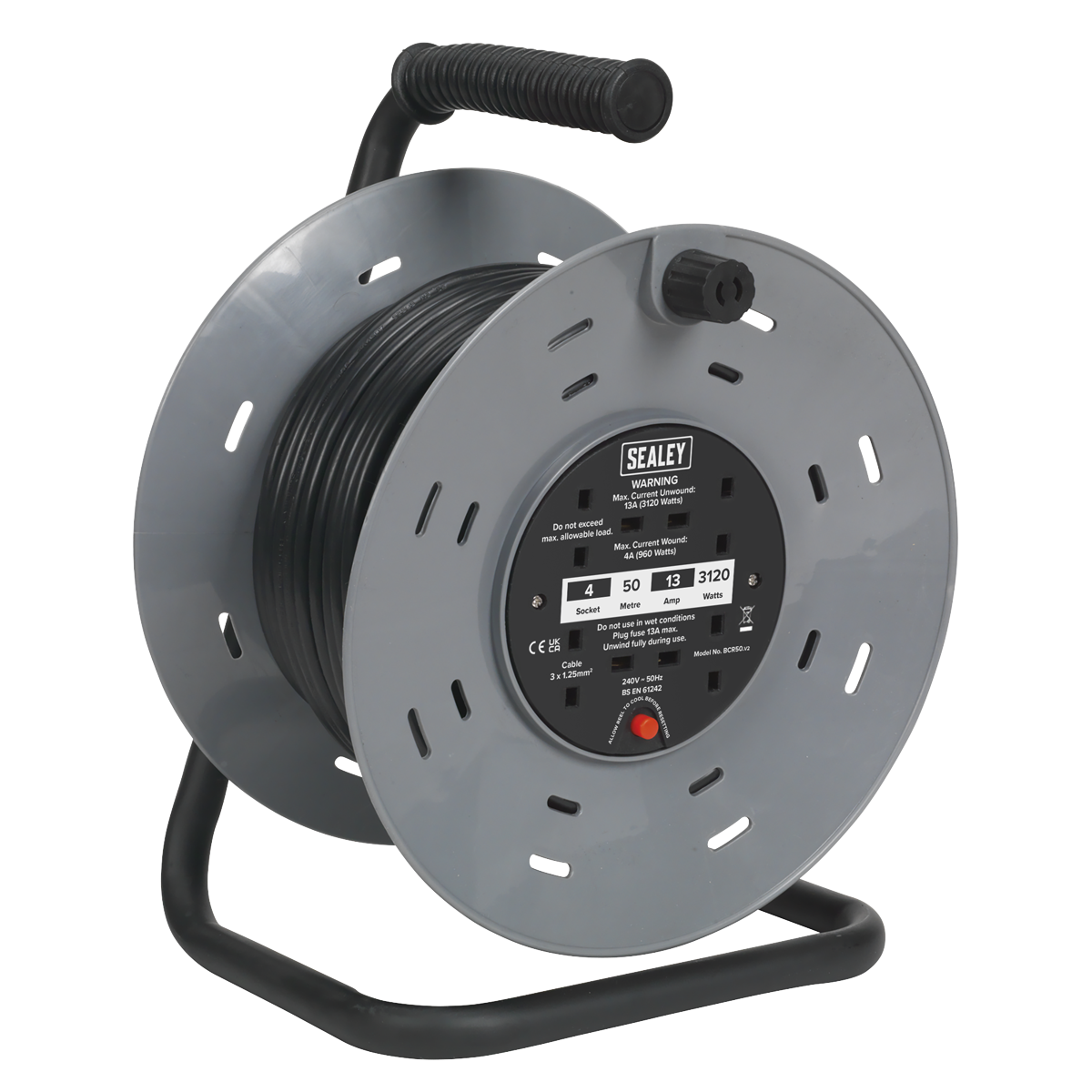 The Sealey Cable Reel BCR50 features a heavy-duty composite drum and a 50m PVC cable, mounted on a robust metal frame with a black handle. It includes multiple 230V sockets and is equipped with a thermal trip for added circuit protection.