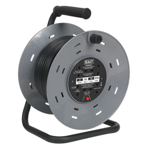The Sealey Cable Reel BCR50 features a heavy-duty composite drum and a 50m PVC cable, mounted on a robust metal frame with a black handle. It includes multiple 230V sockets and is equipped with a thermal trip for added circuit protection.