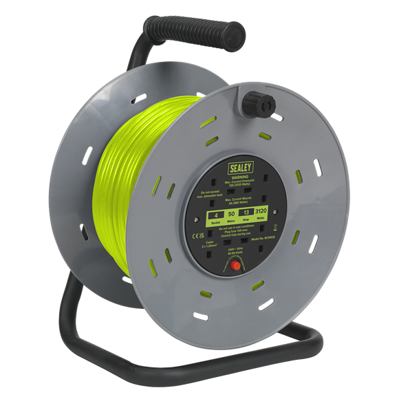 Sealey | 50m Cable Reel with Thermal Trip 4 x 230V - Hi-Vis Green - BCR50G