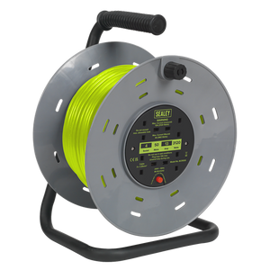 Sealey | 50m Cable Reel with Thermal Trip 4 x 230V - Hi-Vis Green - BCR50G