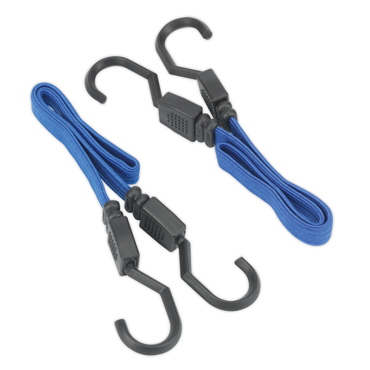 The Flat Bungee Cord Set 460mm 2pc - BCS15 from Sealey includes two blue bungee cords equipped with extra-strong black plastic hooks on both ends, purposefully designed for securing items with maximum elasticity.