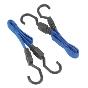 The Flat Bungee Cord Set 460mm 2pc - BCS15 from Sealey includes two blue bungee cords equipped with extra-strong black plastic hooks on both ends, purposefully designed for securing items with maximum elasticity.