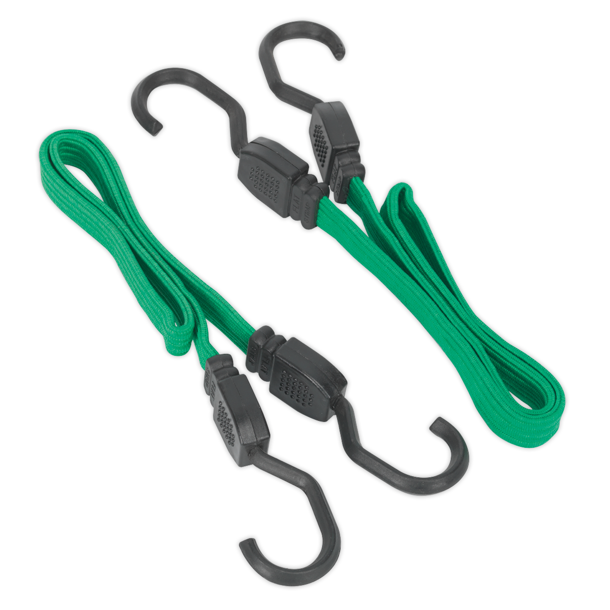 Two green Sealey Flat Bungee Cords (BCS16) measuring 610mm each, featuring heavy-duty steel hooks on both ends for securing or tying down items.