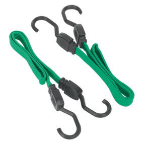 Two green Sealey Flat Bungee Cords (BCS16) measuring 610mm each, featuring heavy-duty steel hooks on both ends for securing or tying down items.