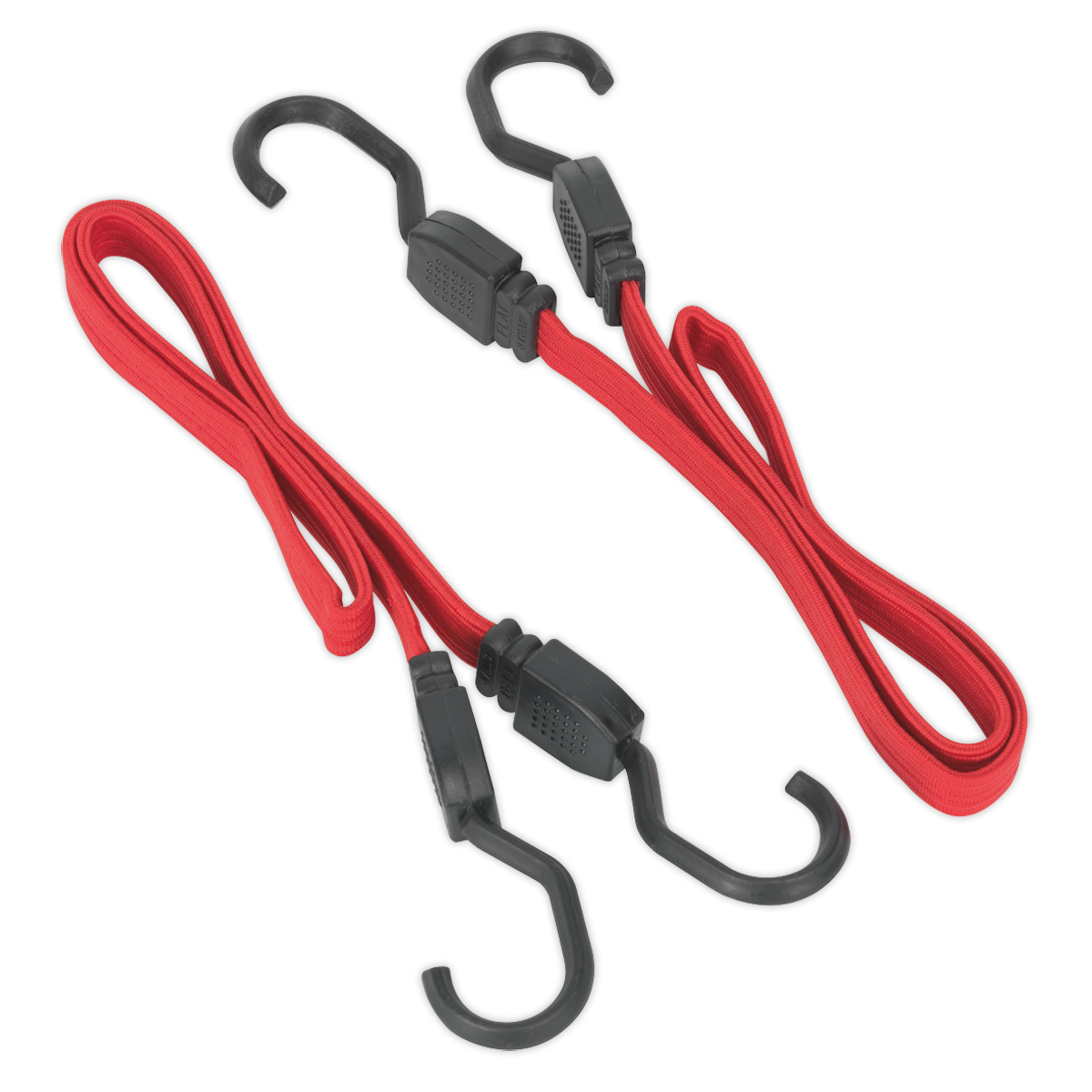 Two Flat Bungee Cord Set 2pc 760mm - BCS17 by Sealey, featuring extra-strong red cords and black plastic hooks on each end, positioned side by side on a plain background.