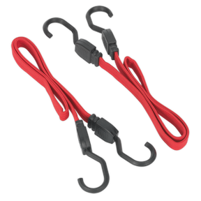 Two Flat Bungee Cord Set 2pc 760mm - BCS17 by Sealey, featuring extra-strong red cords and black plastic hooks on each end, positioned side by side on a plain background.