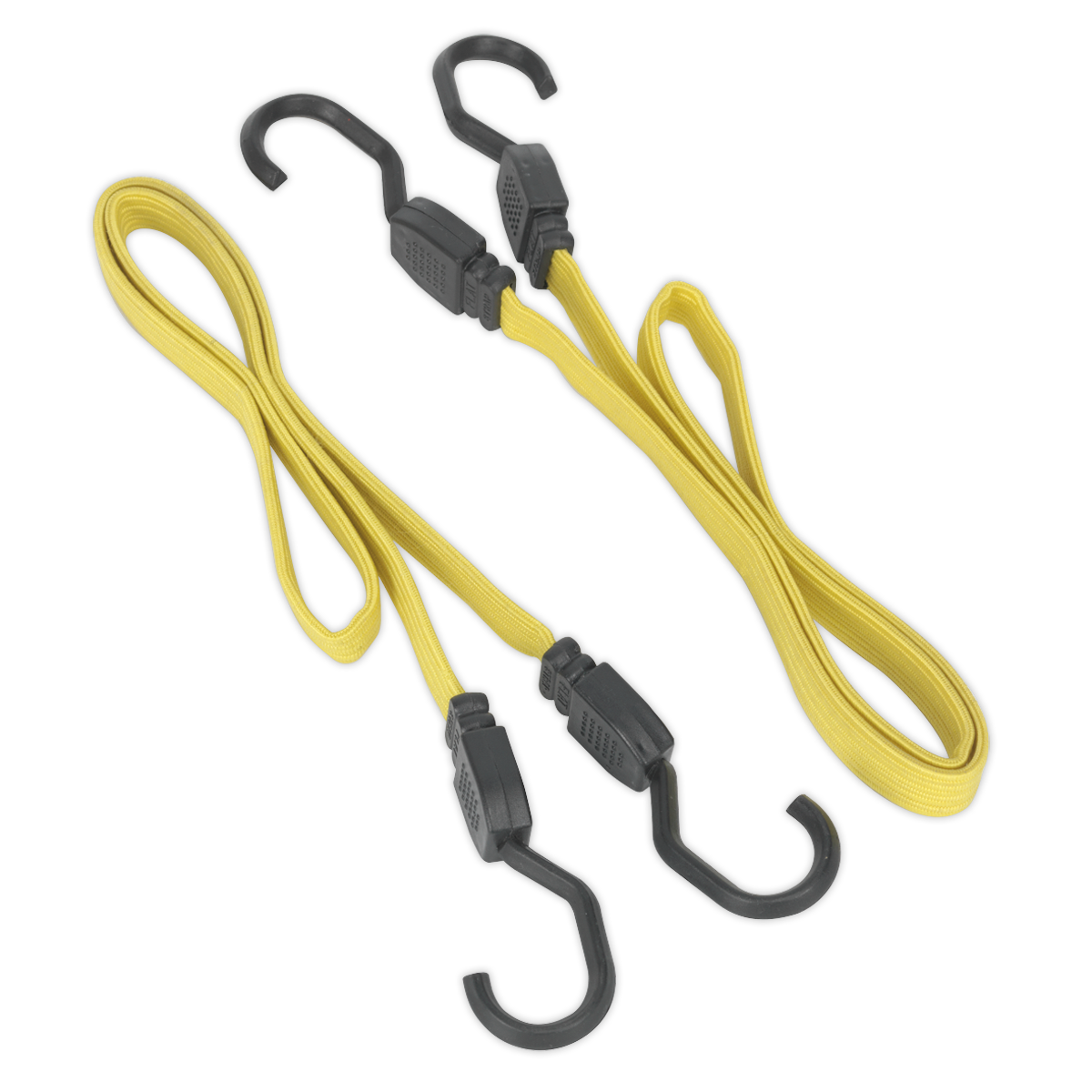 Two Sealey Flat Bungee Cords, part of the BCS18 set (each 910mm long), featuring extra-strong yellow straps and heavy-duty steel hooks on both ends, are placed side by side on a neutral background.